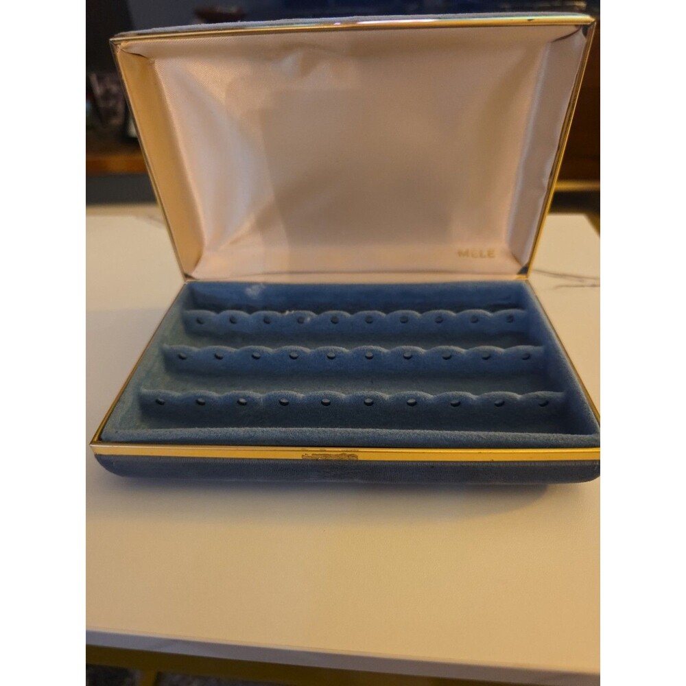 Vtg MELE Blue Travel Jewelry Box Case Lined Hard Shell Clamshell Earring Holder